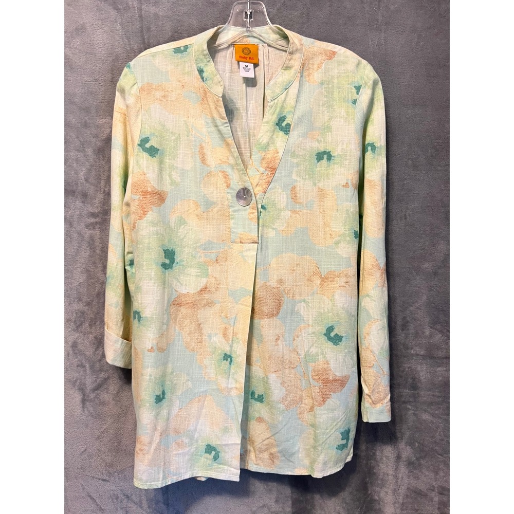 Ruby Rd Linen Blend Floral Tunic Resort Women Medium Blue Green Roll Tab Shirt